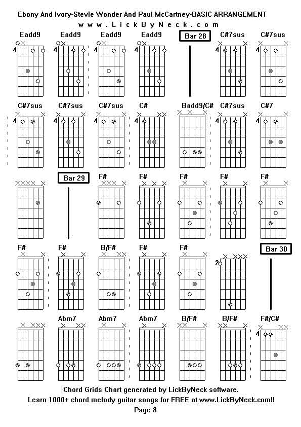 Chord Grids Chart of chord melody fingerstyle guitar song-Ebony And Ivory-Stevie Wonder And Paul McCartney-BASIC ARRANGEMENT,generated by LickByNeck software.